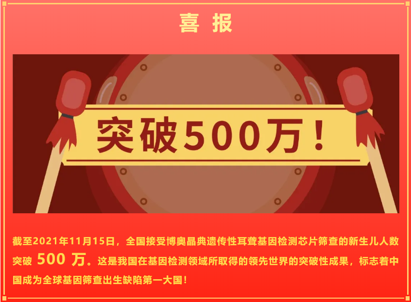 喜报丨博奥晶典遗传性耳聋基因筛查人数突破500万