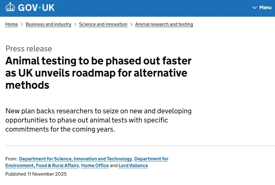 【快讯】英国公布替代动物实验战略路线图，拨款7500万英镑支持替代方法的开发与推广