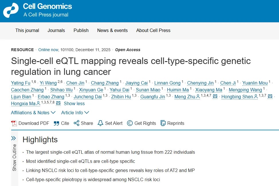 全球最大肺单细胞基因调控图谱发布！南京医科大学马红霞/沈洪兵/朱猛团队首次在单细胞精度系统揭示肺癌遗传易感新机制