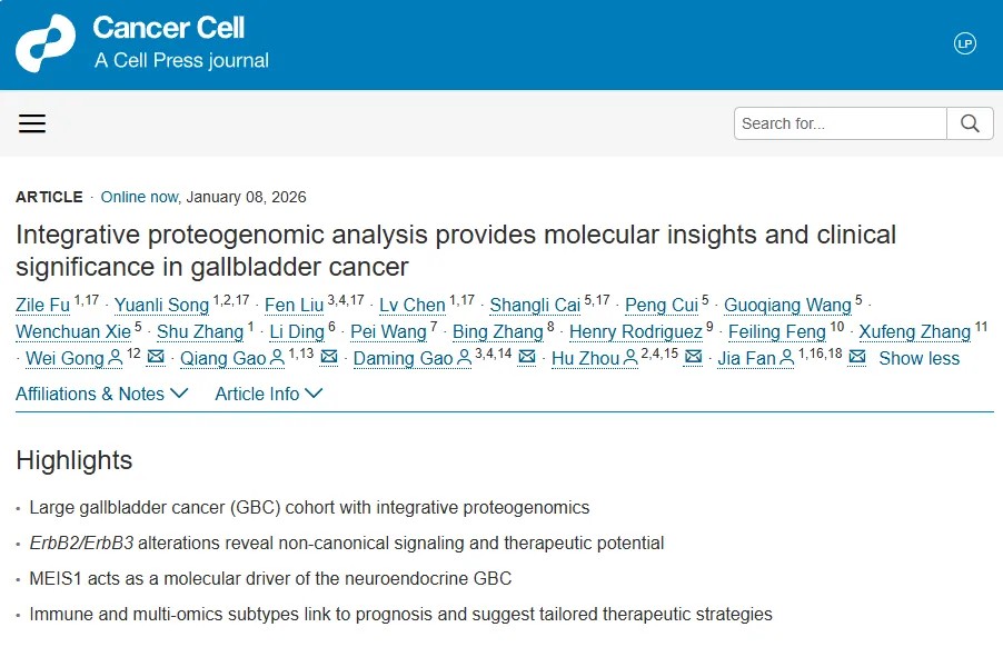 樊嘉院士领衔！发布胆囊癌蛋白基因组学图谱，揭示胆囊癌关键临床病理特征的分子机制
