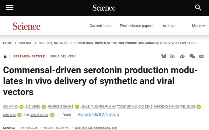 破解药物递送难题！中国科学技术大学王育才/朱书/蒋为团队Science发文揭示菌群驱动血清素信号调控肝脏清除的新机制