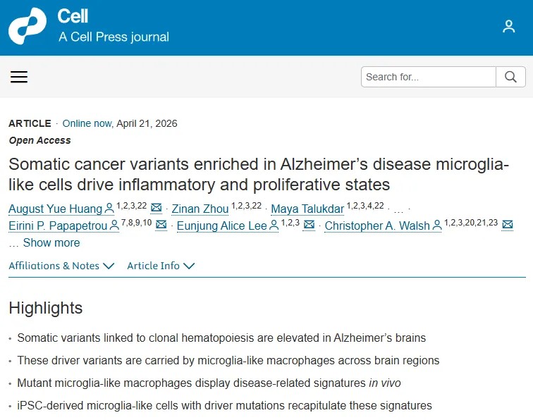 Cell重磅研究！脑内“基因故障”揭示阿尔茨海默病新机制：小胶质细胞体细胞变异或成促炎重要推手