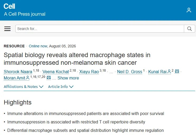 Cell 重磅研究！空间生物学揭示免疫抑制的非黑色素瘤皮肤癌中巨噬细胞状态的改变