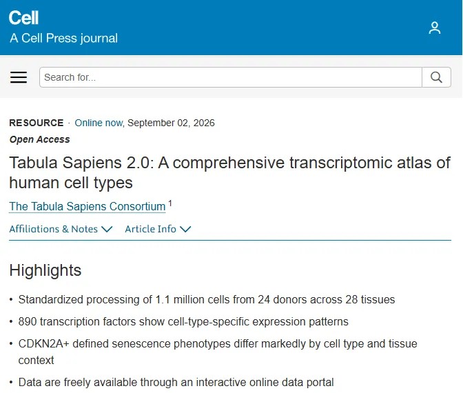 Cell 重磅发布！迄今为止最为全面的人类细胞类型转录组图谱，超110万个人类细胞图谱揭示转录因子与衰老新机制
