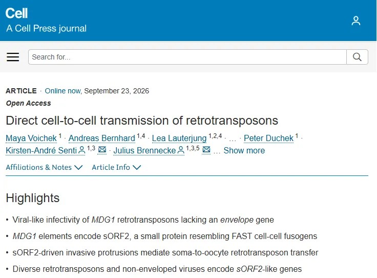 颠覆传统认知！科学家Cell发文：发现逆转录转座子无需包膜蛋白即可实现细胞间传播的全新机制