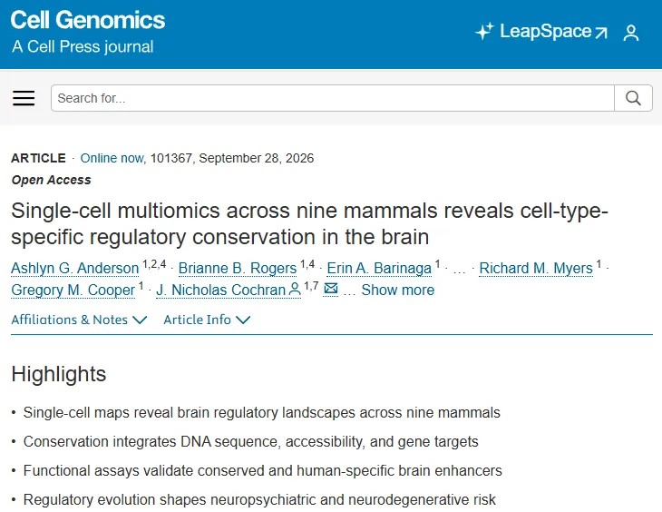 Cell Genomics | 迄今最为全面的跨物种大脑调控元件图谱发布，揭示大脑调控进化与疾病风险的深层联系