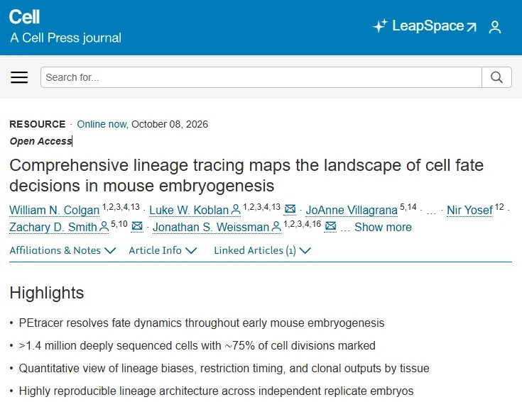 里程碑式研究！科学家Cell 发文首次绘制小鼠胚胎发育全细胞命运图谱，揭示生命早期决策的“标准化流程”